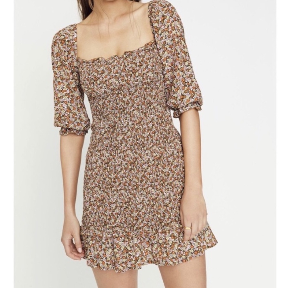 Faithful the Brand Es Saada Floral Tan & Brown Smocked Mini Dress - 2 / XS
